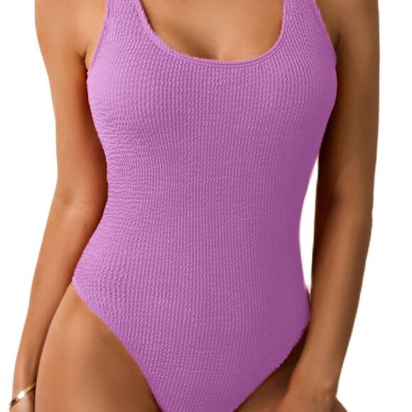 Women One Piece Swimsuit Solid Ribbed Monokini Swimwear Scoop Neck Low Back Bath - Picture 1 of 4